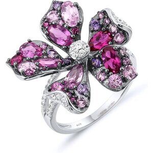 [B]Lily-Pink Sterling Silver Gemstone Flower Ring for Women